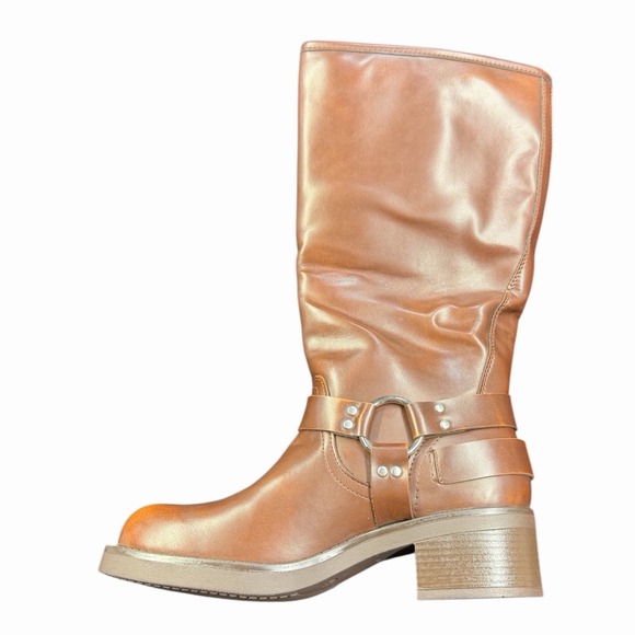 Women's Knee High Riding Biker Boots Buckle Square Toe Chunky Heel Wide Calf - Picture 6 of 9